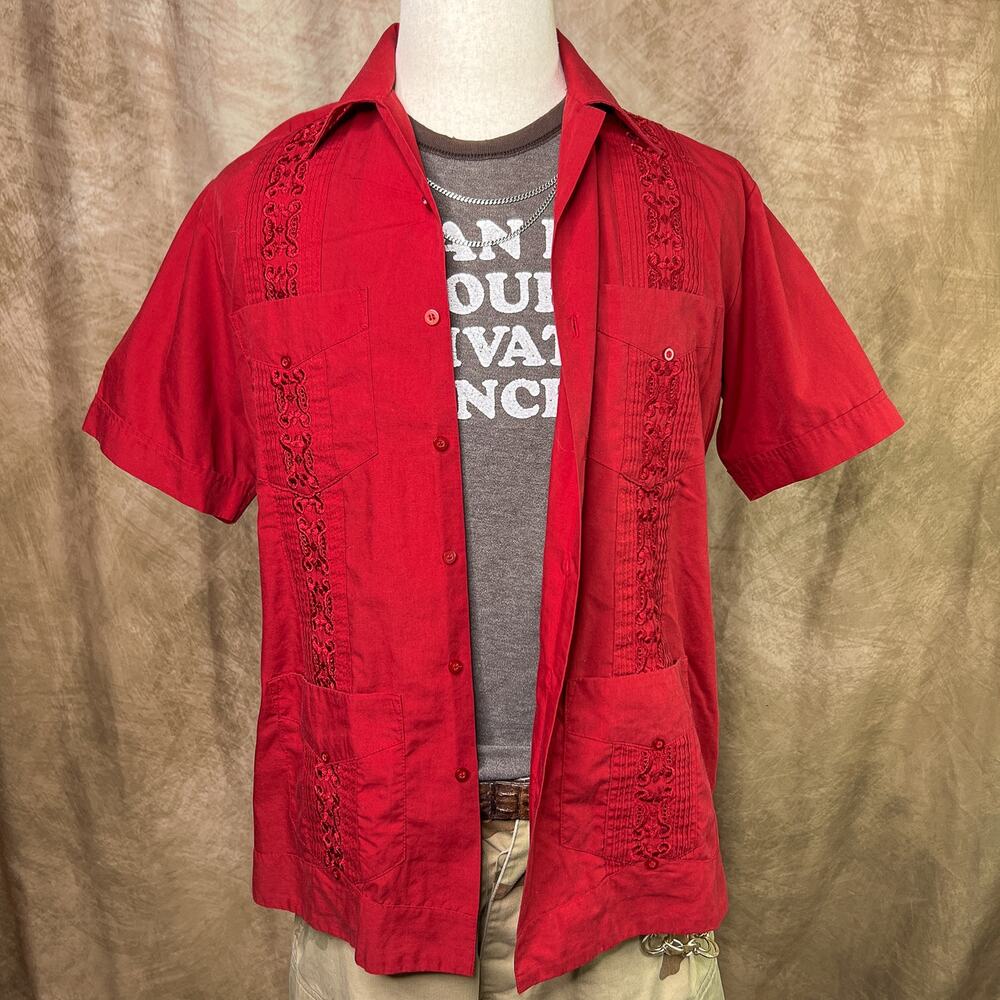 Vintage Y2K Embroidered Rockabilly Shirt Red Floral Paisley Tropical Skater Surf